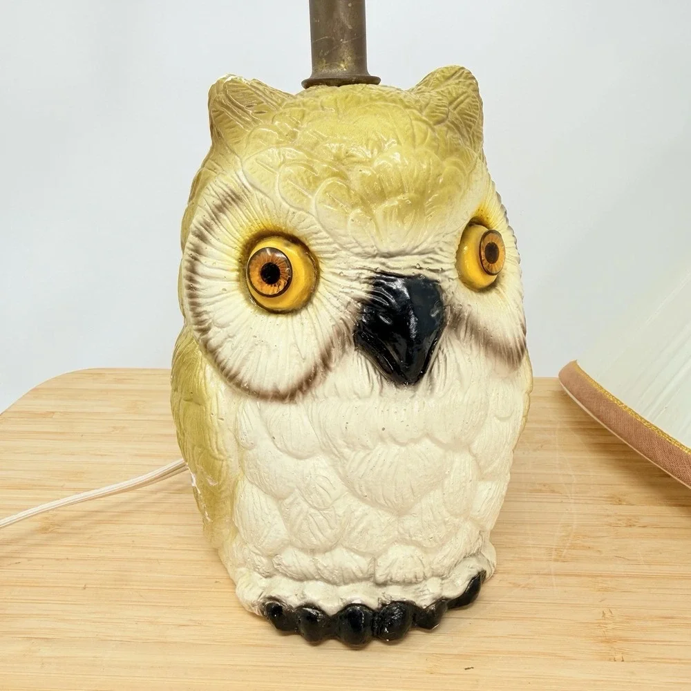 VTG MCM Textured Chalkware Figural Owl 3D Rustic Table Lamp Works Eyes 14